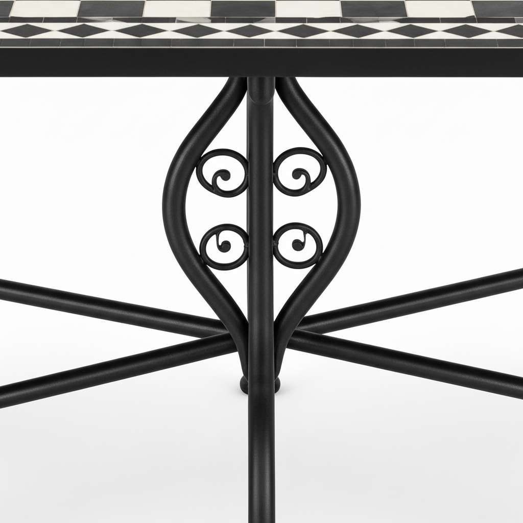 Matte black hand-forged wrought iron oval table base with four curved outward-splaying legs joined by an X-cross stretcher with ornate scrollwork flourish motif at center