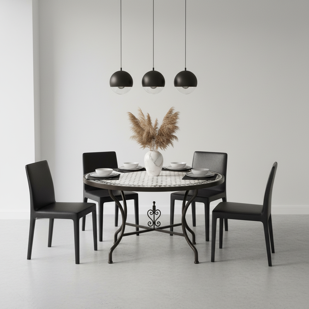 Black and white zellige mosaic dining table in a sleek contemporary monochrome interior with polished concrete floor black leather chairs globe pendants and pampas grass