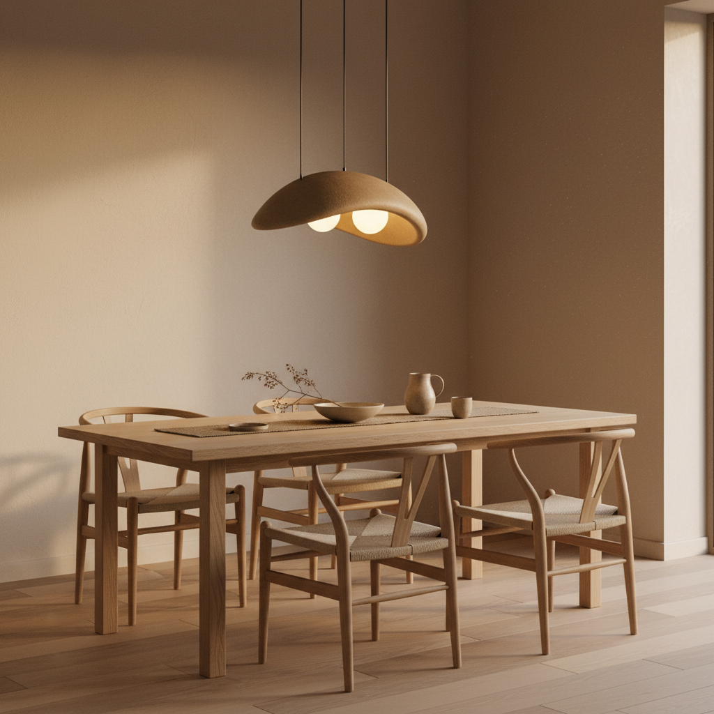 Obriy clay pendant lamp hanging above a minimalist Japandi dining table