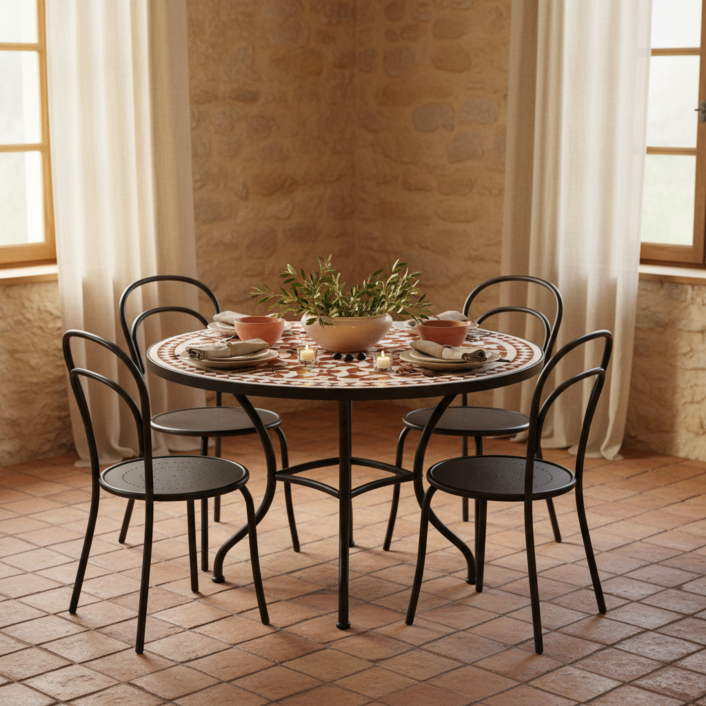 Terracotta and cream zellige mosaic dining table in a warm Provençal farmhouse dining room with stone walls terracotta floor bistro chairs and olive branches