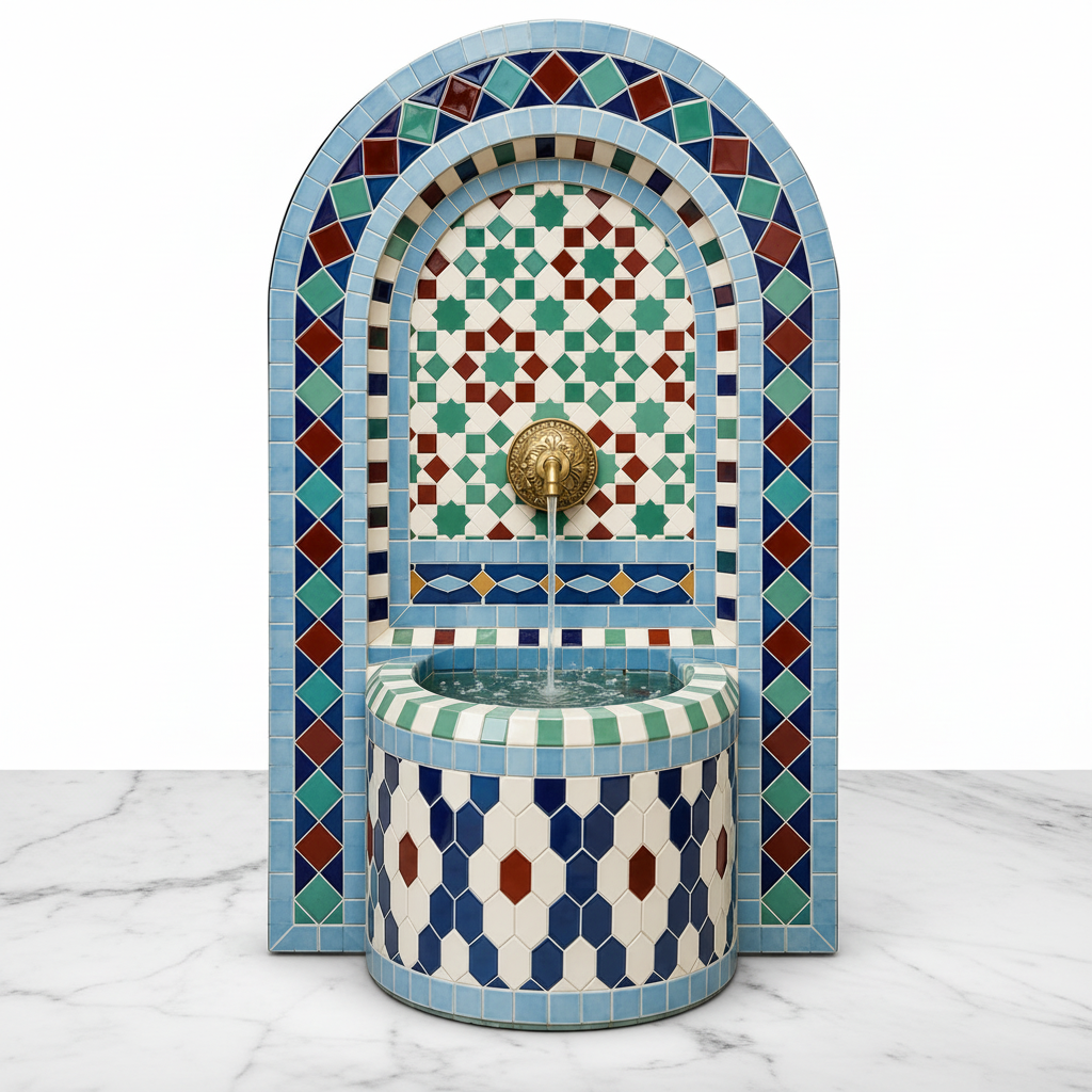 Moroccan blue arch mosaic fountain on white marble - clean studio product shot