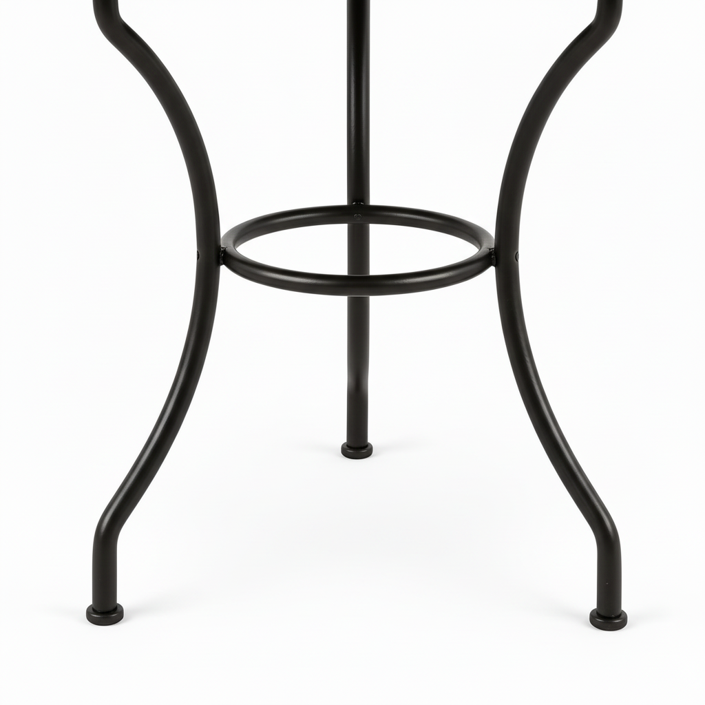 Matte black wrought iron table base with curved legs and circular ring brace stretcher detail