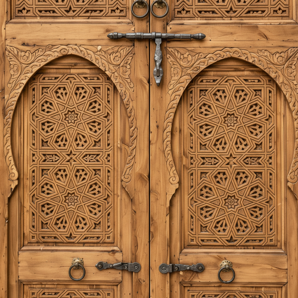 Close-up of forged iron ring pulls, sliding bolt latch, and carved horseshoe arches