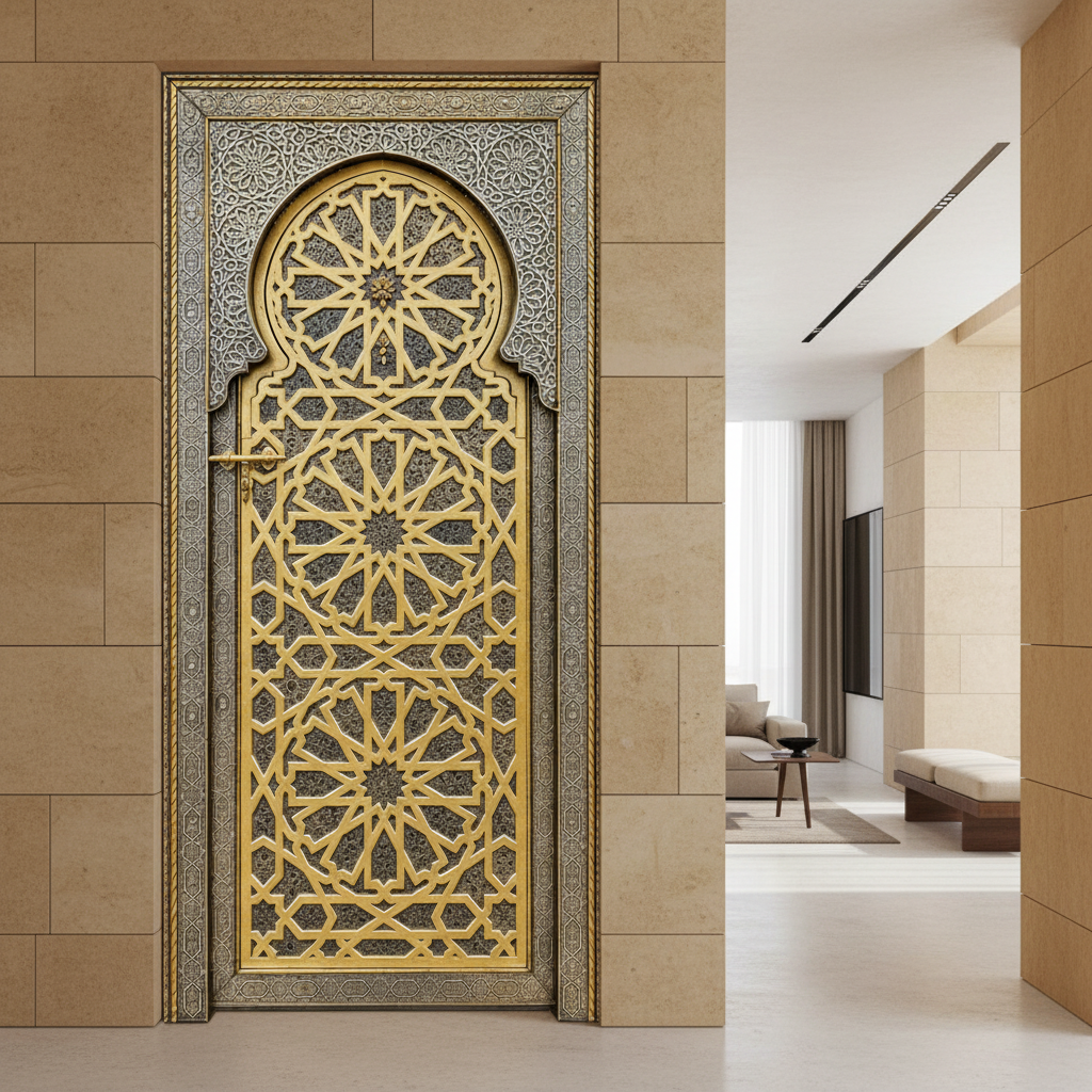 Brass and engraved metal Moroccan door installed in an elegant contemporary home