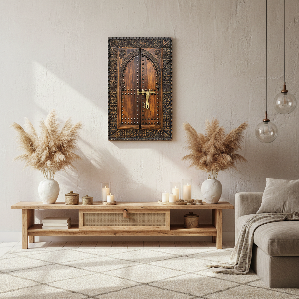 Moroccan wooden window wall art styled in luxury living room