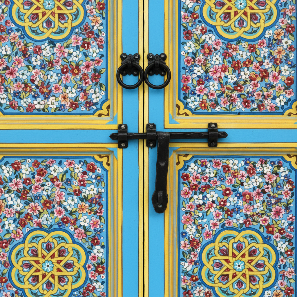 Close-up of forged black iron ring pulls and latch on hand-painted Moroccan door