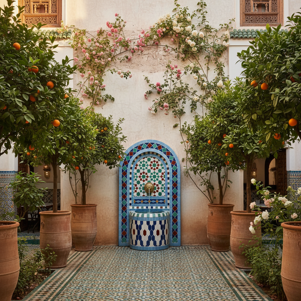 Moroccan mosaic fountain mounted in whitewashed Fez riad courtyard with orange trees and zellige floor