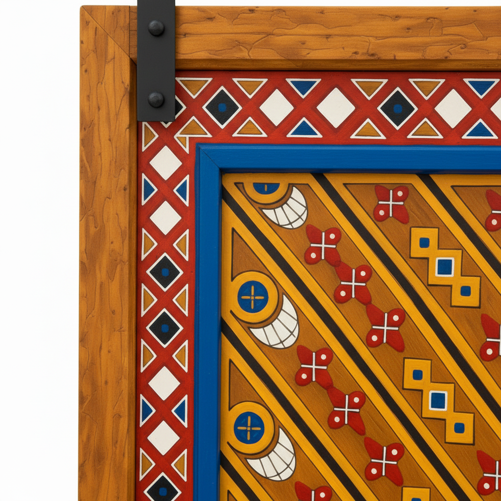 Close-up of hand-painted diamond border and diagonal geometric motifs on Moroccan barn door