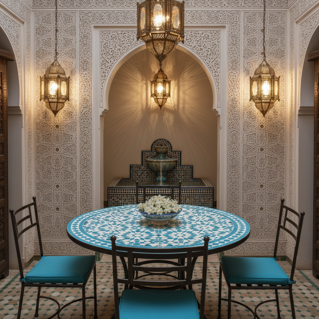 Turquoise zellige mosaic dining table in a serene Moroccan riad interior with carved plaster walls brass lanterns and silk cushioned chairs