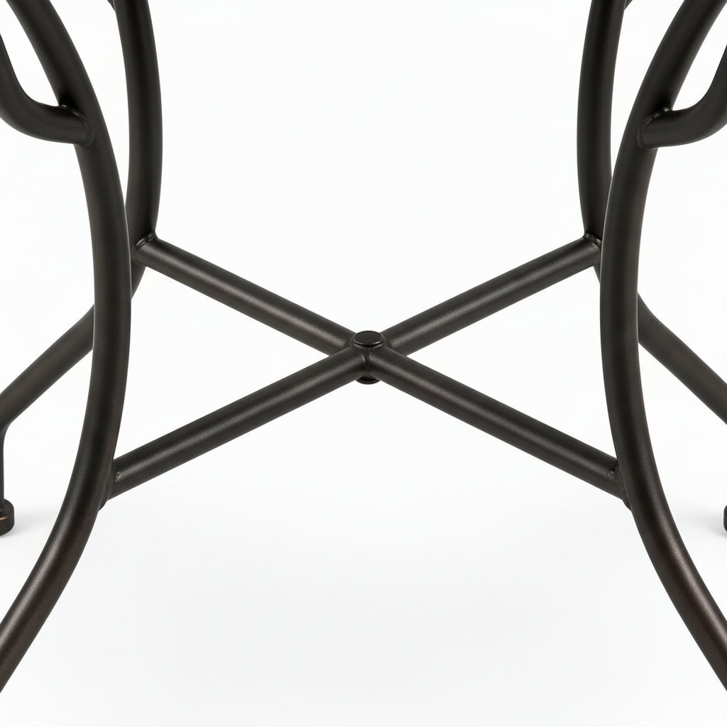 Dark wrought iron table base with curved legs and X cross-brace stretcher detail