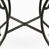Dark wrought iron table base with curved legs and X cross-brace stretcher detail