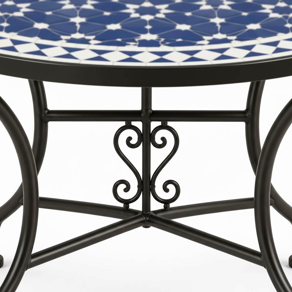 Hand-forged black wrought iron table base with ornate scrollwork detail