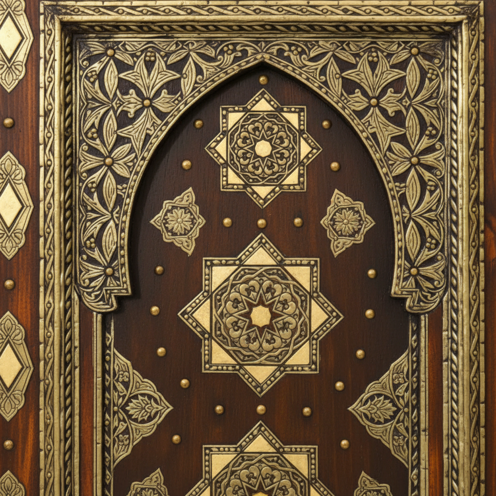 Close-up of arched cedar door panel with gold-tone geometric medallions and floral metal inlay