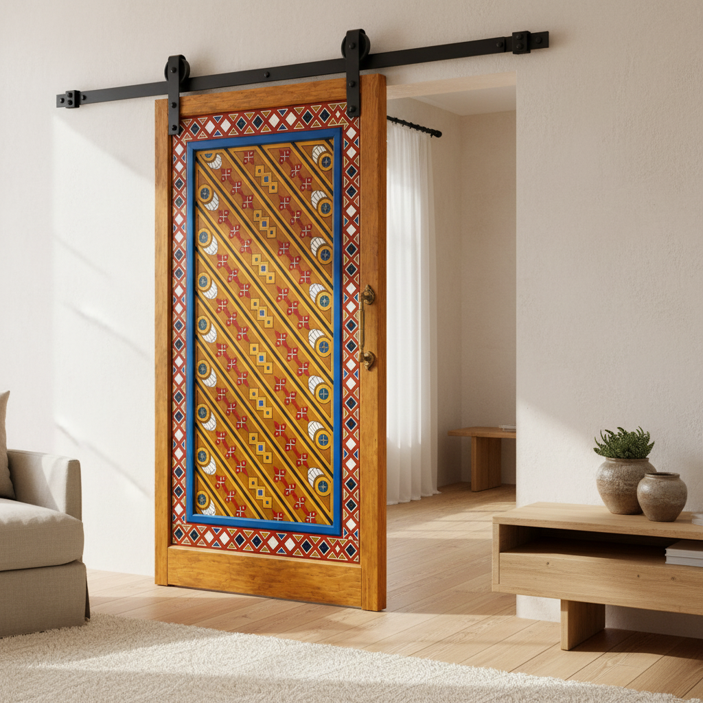 Hand-painted Moroccan sliding barn door installed in a refined contemporary living space