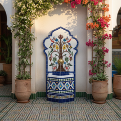 Moroccan Tree of Life mosaic fountain mounted in sunlit riad garden courtyard with jasmine and zellige floor