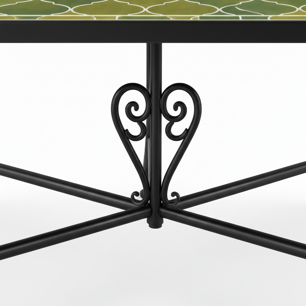 Matte black hand-forged wrought iron rectangular table base with curved outward-splaying legs X-cross stretcher brace and ornate scrolled heart motif at center junction
