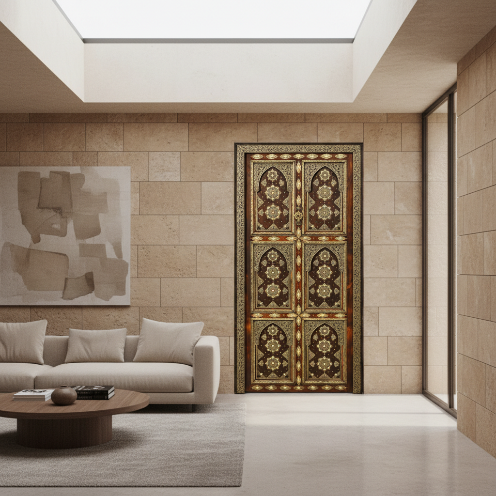 Ornate dark cedar Moroccan double door installed in an elegant contemporary home
