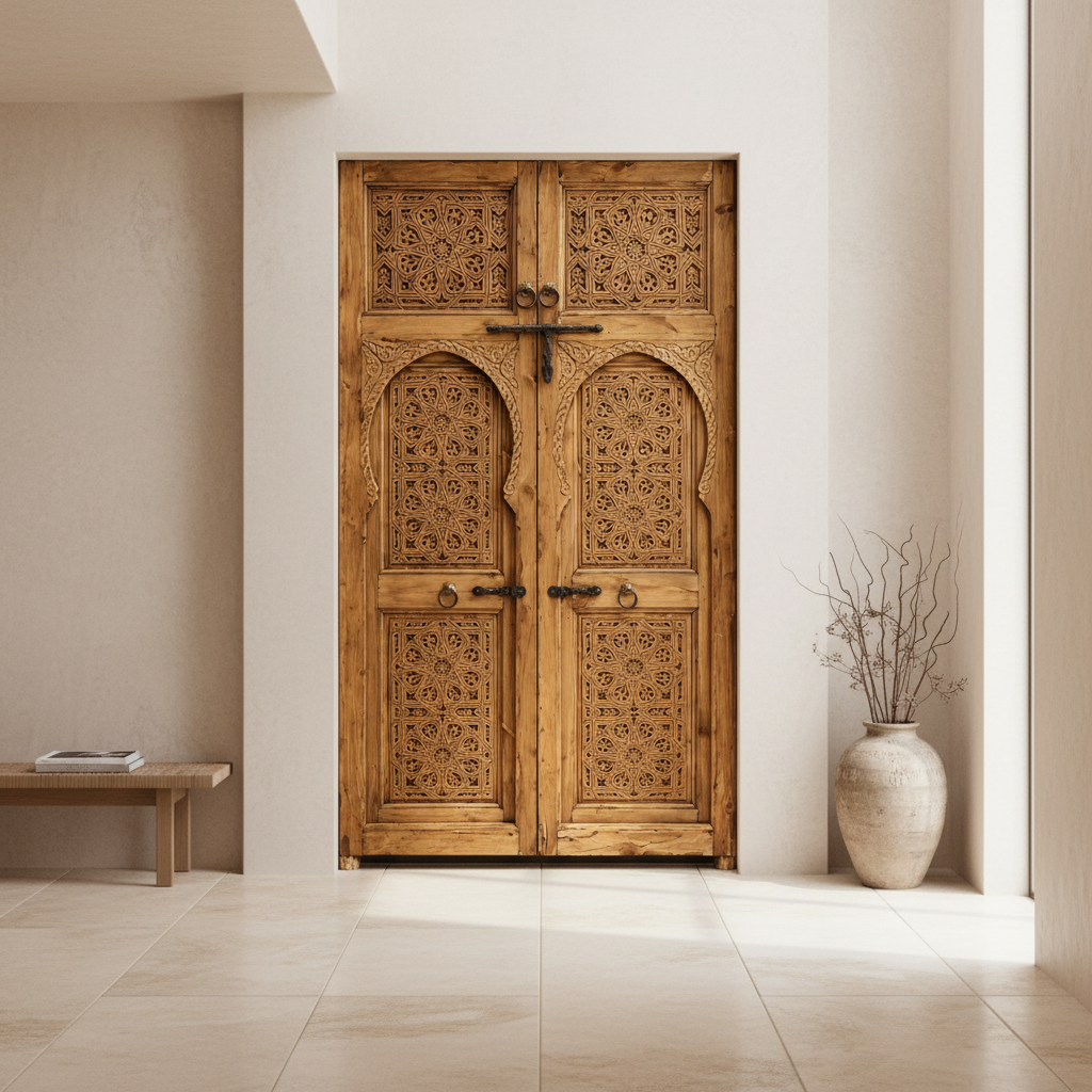 Natural wood hand-carved Moroccan double door installed in a refined contemporary home