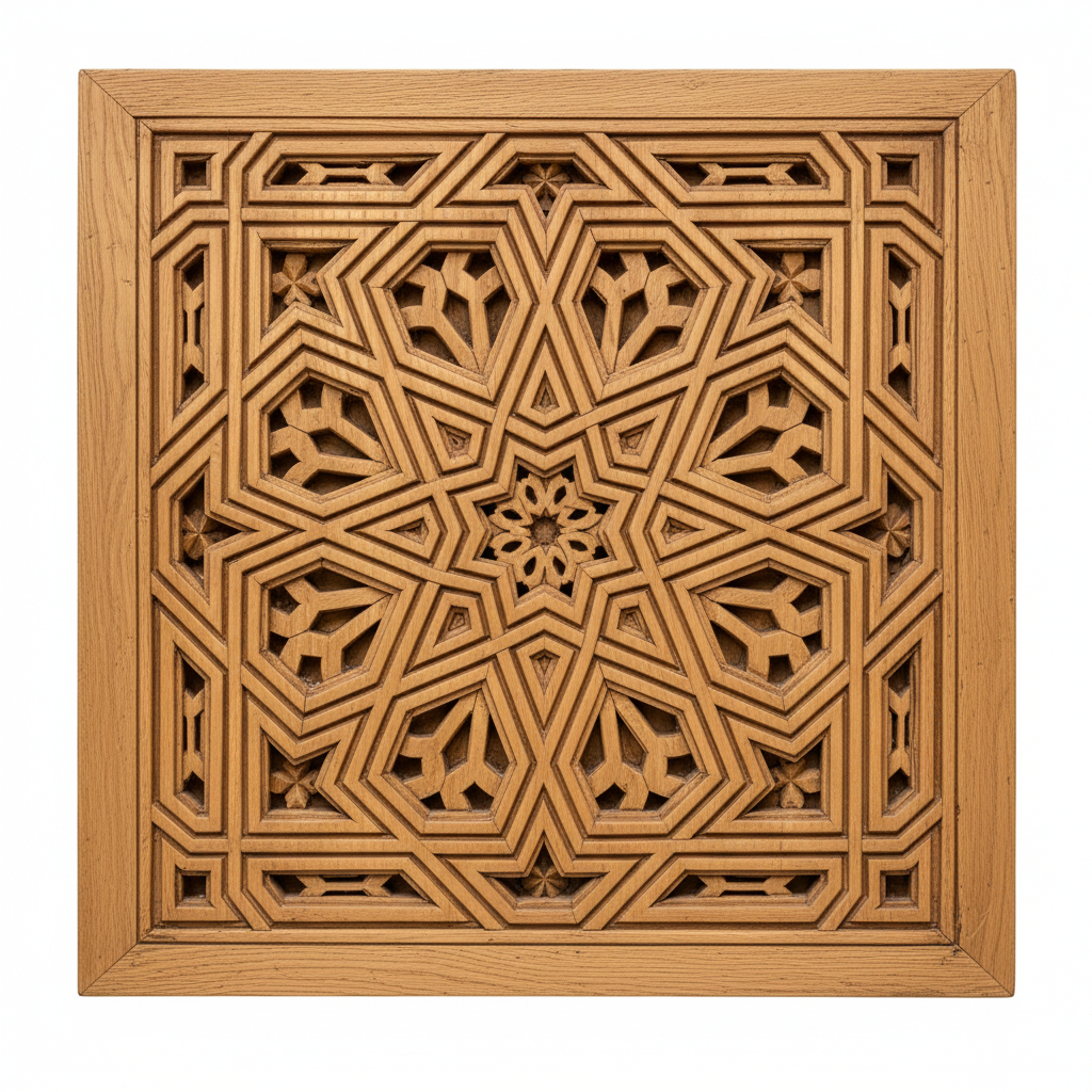 Close-up of a hand-carved geometric star panel in warm natural wood