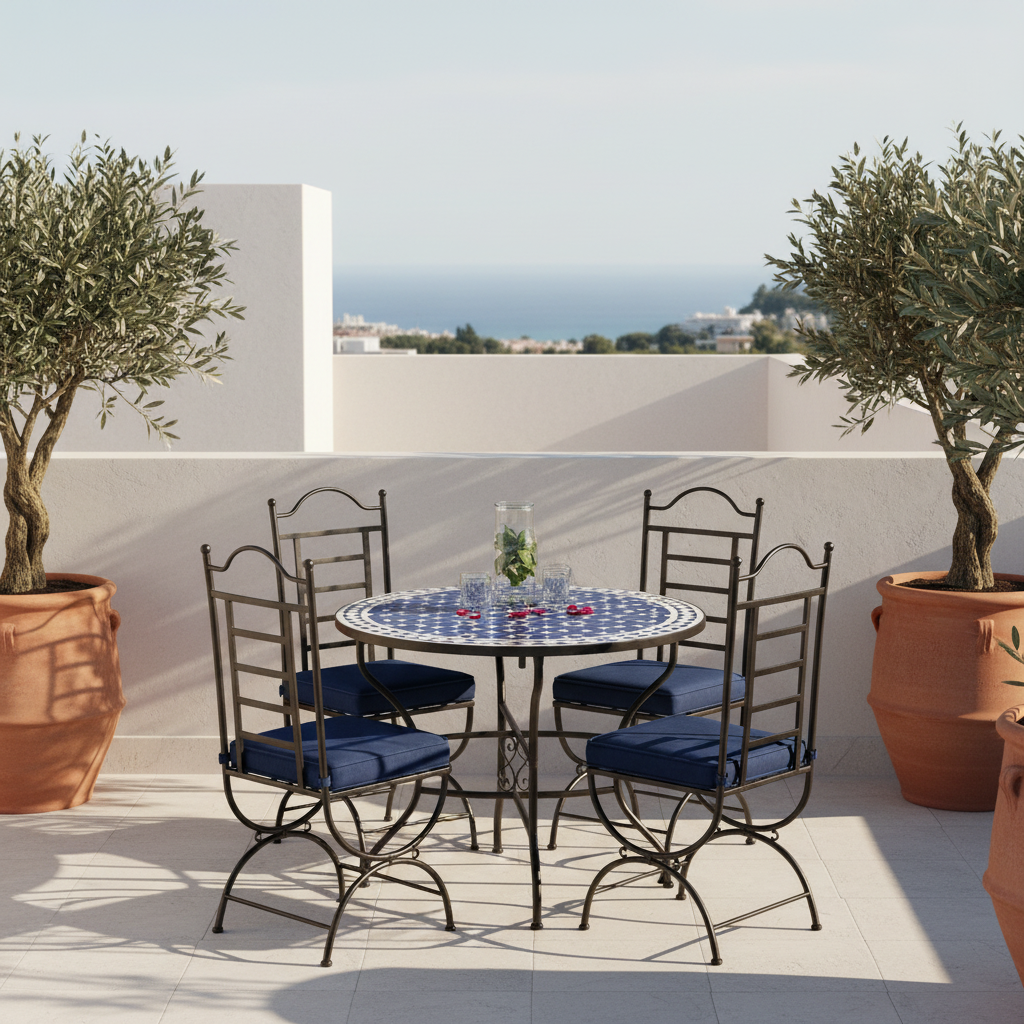 Zellige mosaic dining table on a sunlit Mediterranean rooftop terrace with navy chairs