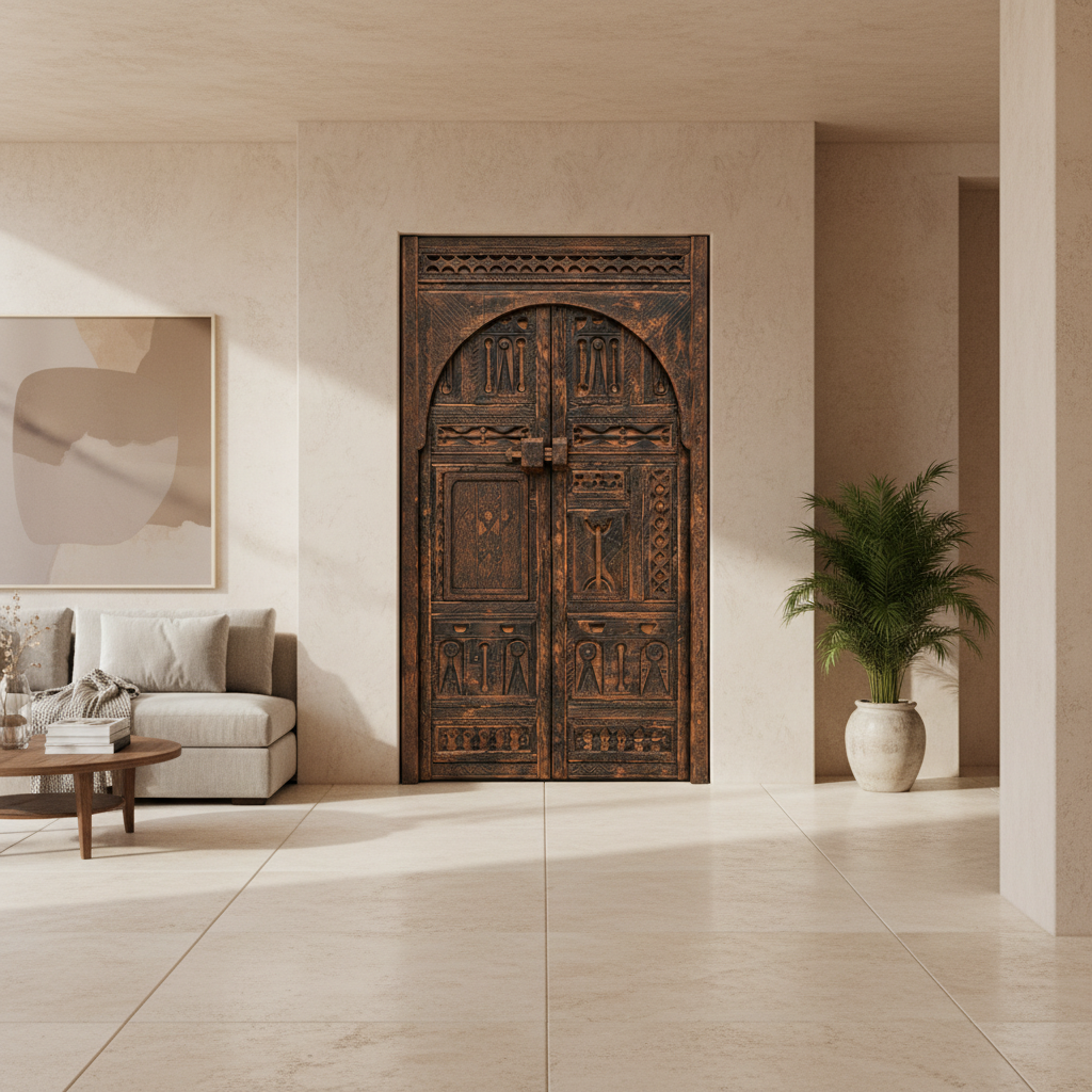 Carved aged-wood Moroccan double door installed in an elegant contemporary home