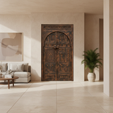 Carved aged-wood Moroccan double door installed in an elegant contemporary home