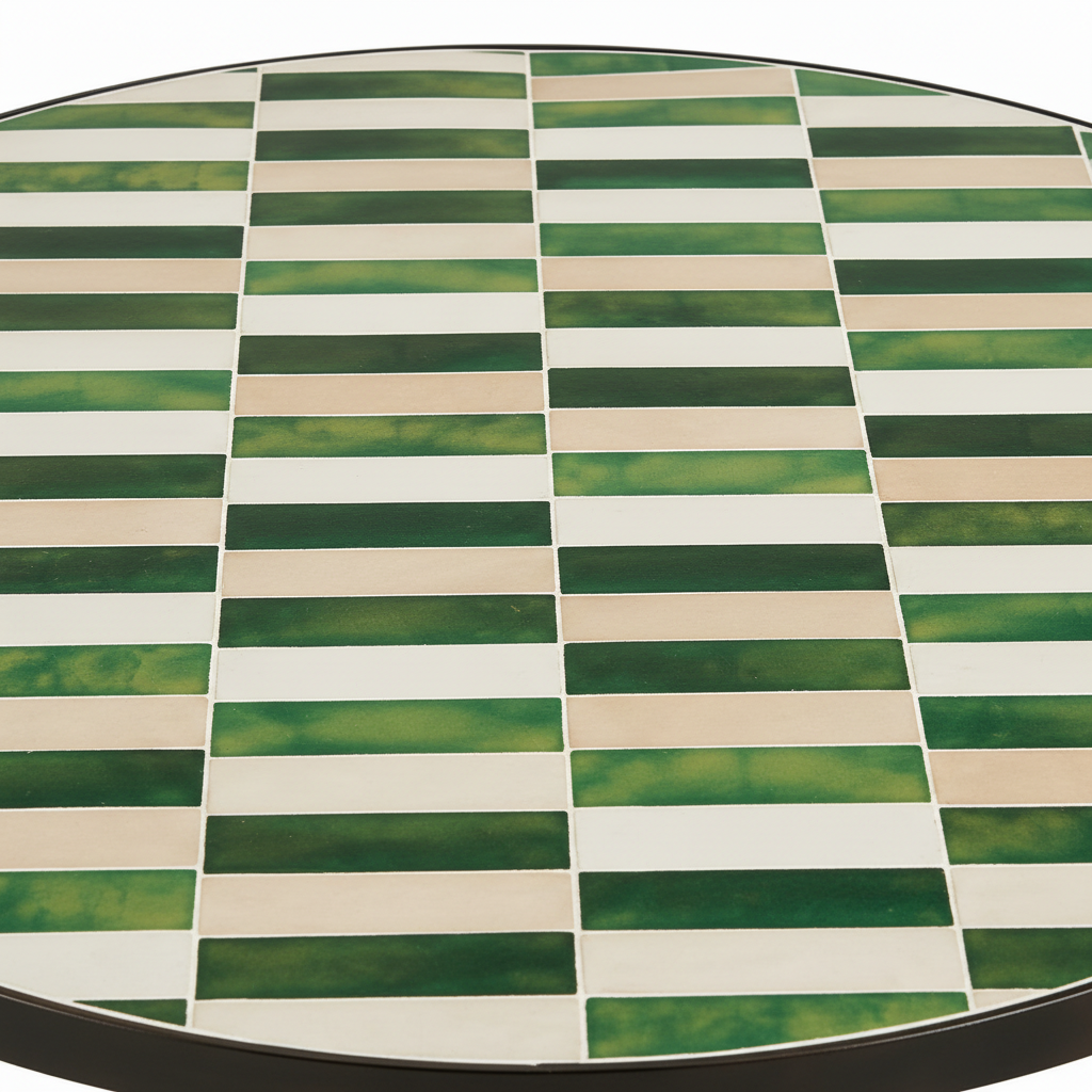 Close-up detail of hand-cut zellige tiles in green and cream mosaic pattern