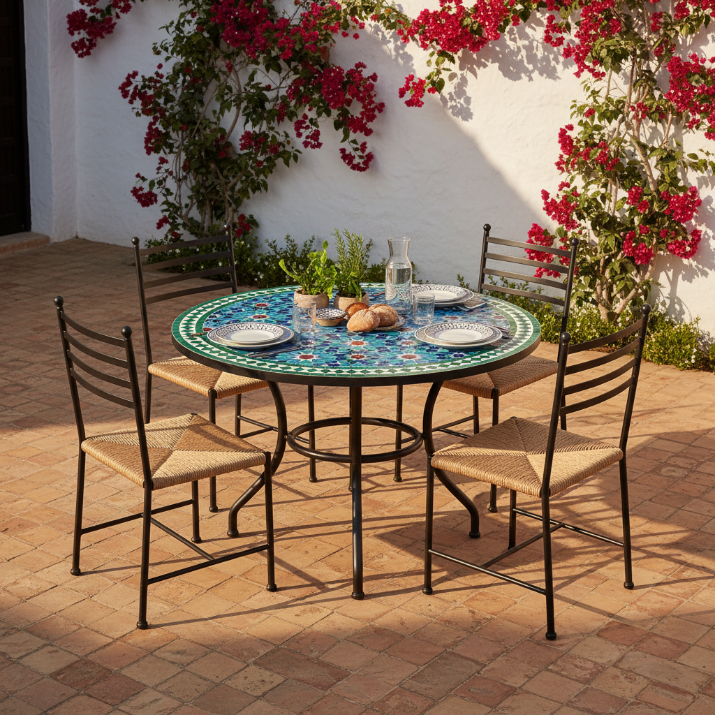 Turquoise and blue zellige mosaic dining table on a sun-drenched Andalusian courtyard patio with bougainvillea and woven rush iron chairs