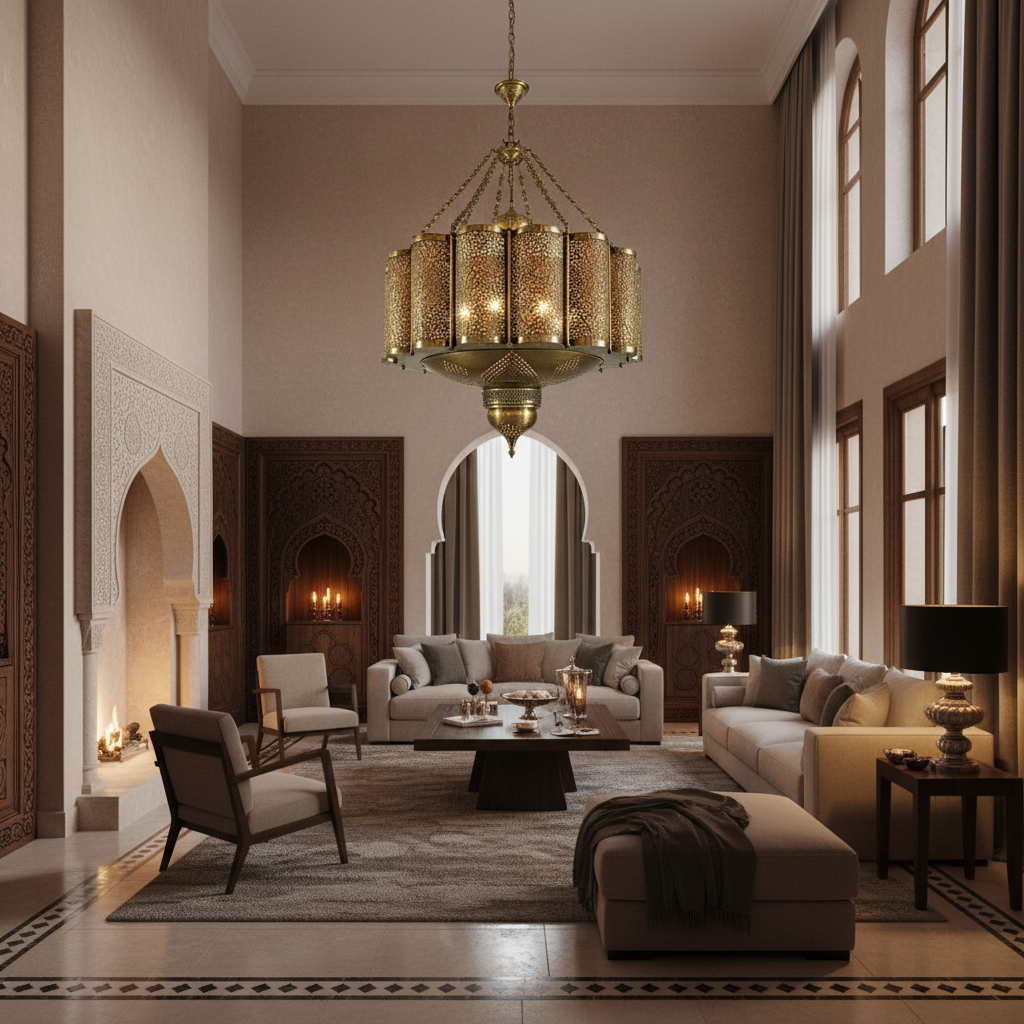 Handcrafted Moroccan chandelier in a luxurious living room with warm patterned light