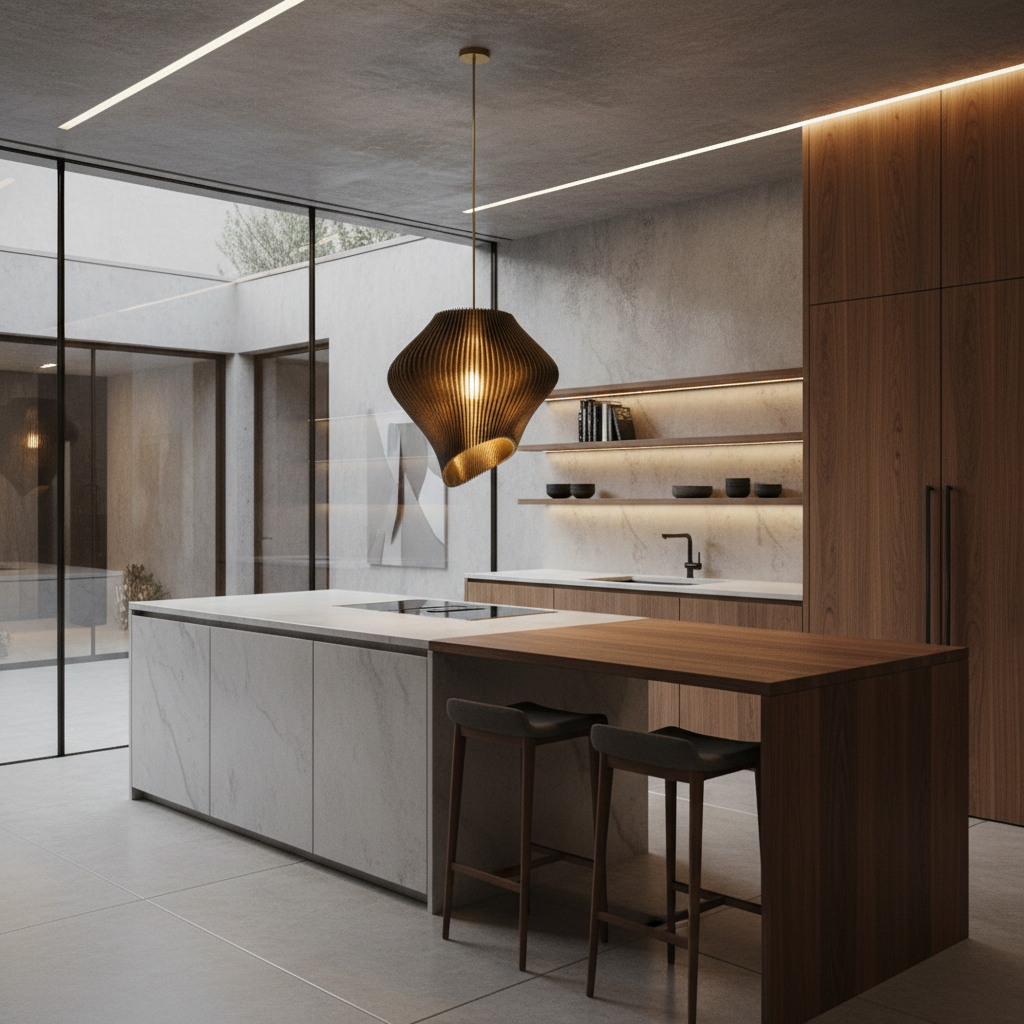 Smoke black sculptural pendant light above a modern kitchen island