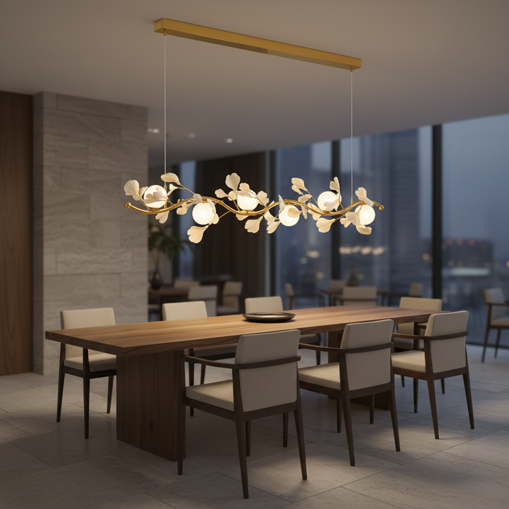 Sculptural gold petal pendant light in a contemporary interior