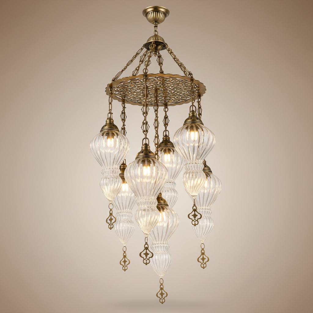 Detailed view of the cascading clear ribbed glass globes and decorative chains