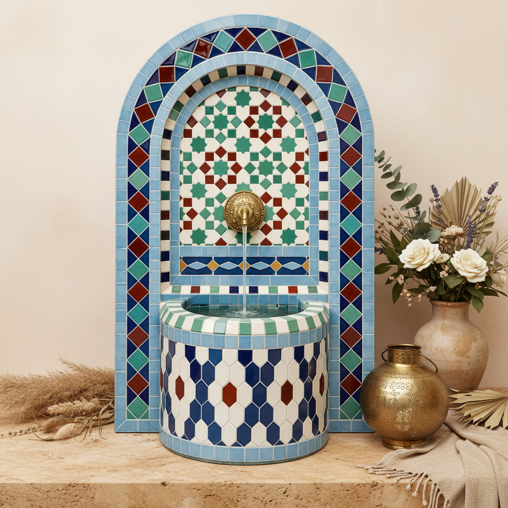 Moroccan blue arch mosaic fountain styled with lantern and botanicals on stone surface