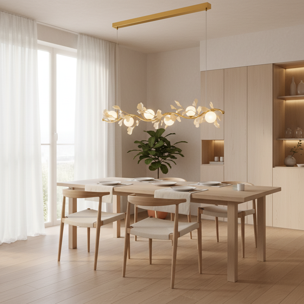 Nordic gold petal shell pendant light above a Scandinavian dining table