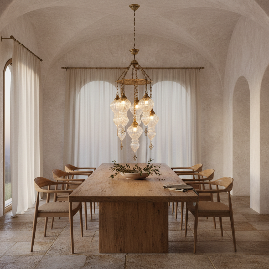 Cascading ribbed glass chandelier above a Mediterranean dining room table