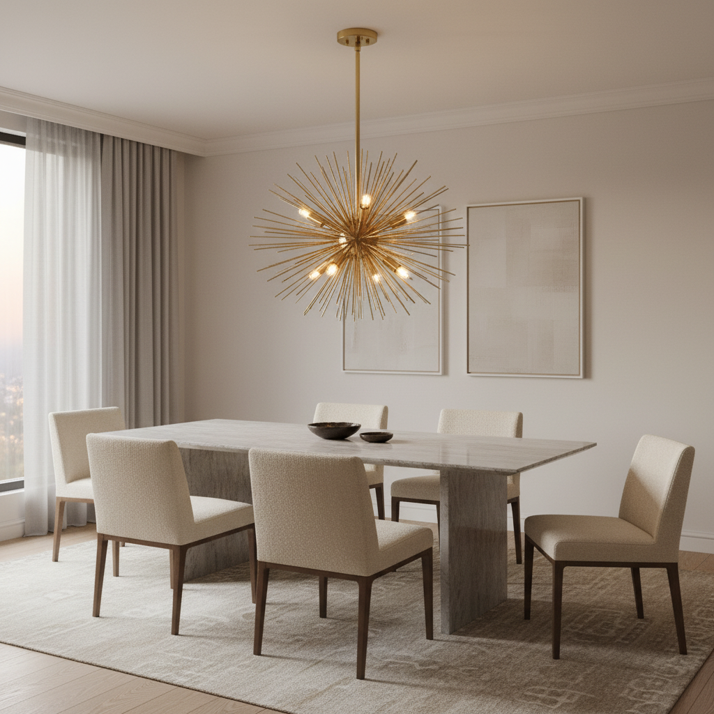 Polished brass Sputnik chandelier above a modern dining table