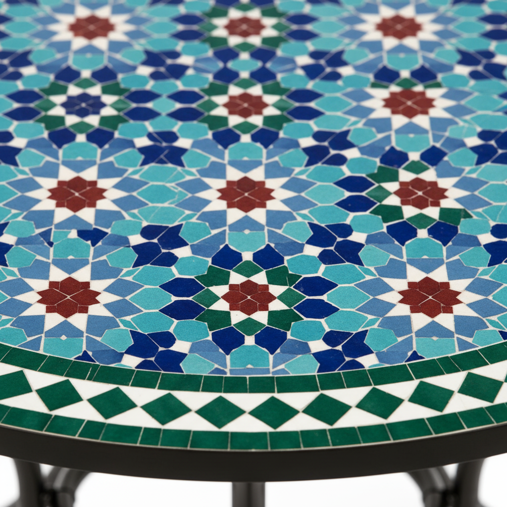 Close-up macro of turquoise cobalt blue and deep red star-and-floral zellige mosaic pattern with emerald green diamond border