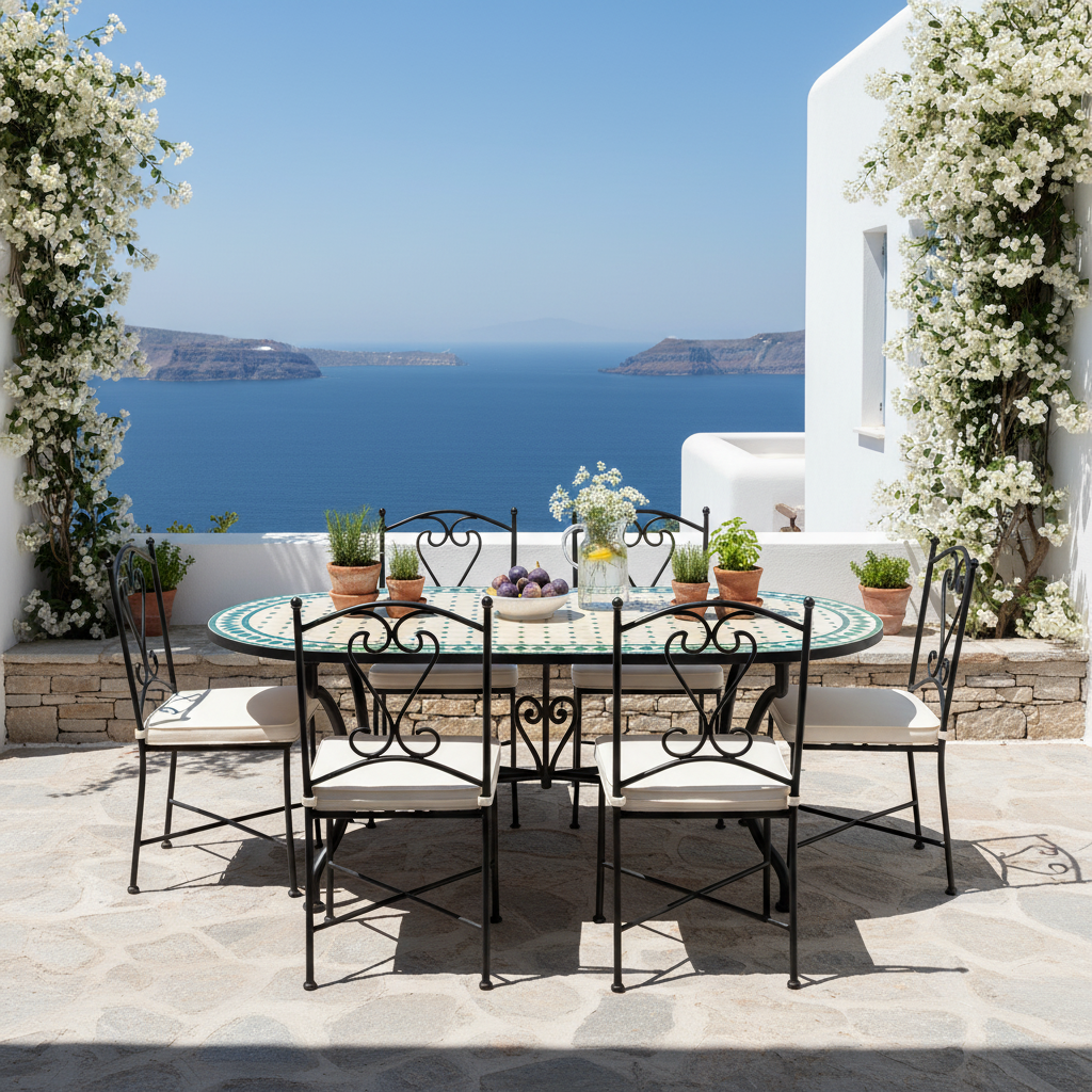Ivory and green diamond zellige oval mosaic dining table on a sun-drenched Aegean island outdoor terrace with whitewashed walls bougainvillea sea view ivory cushioned chairs and fresh flowers