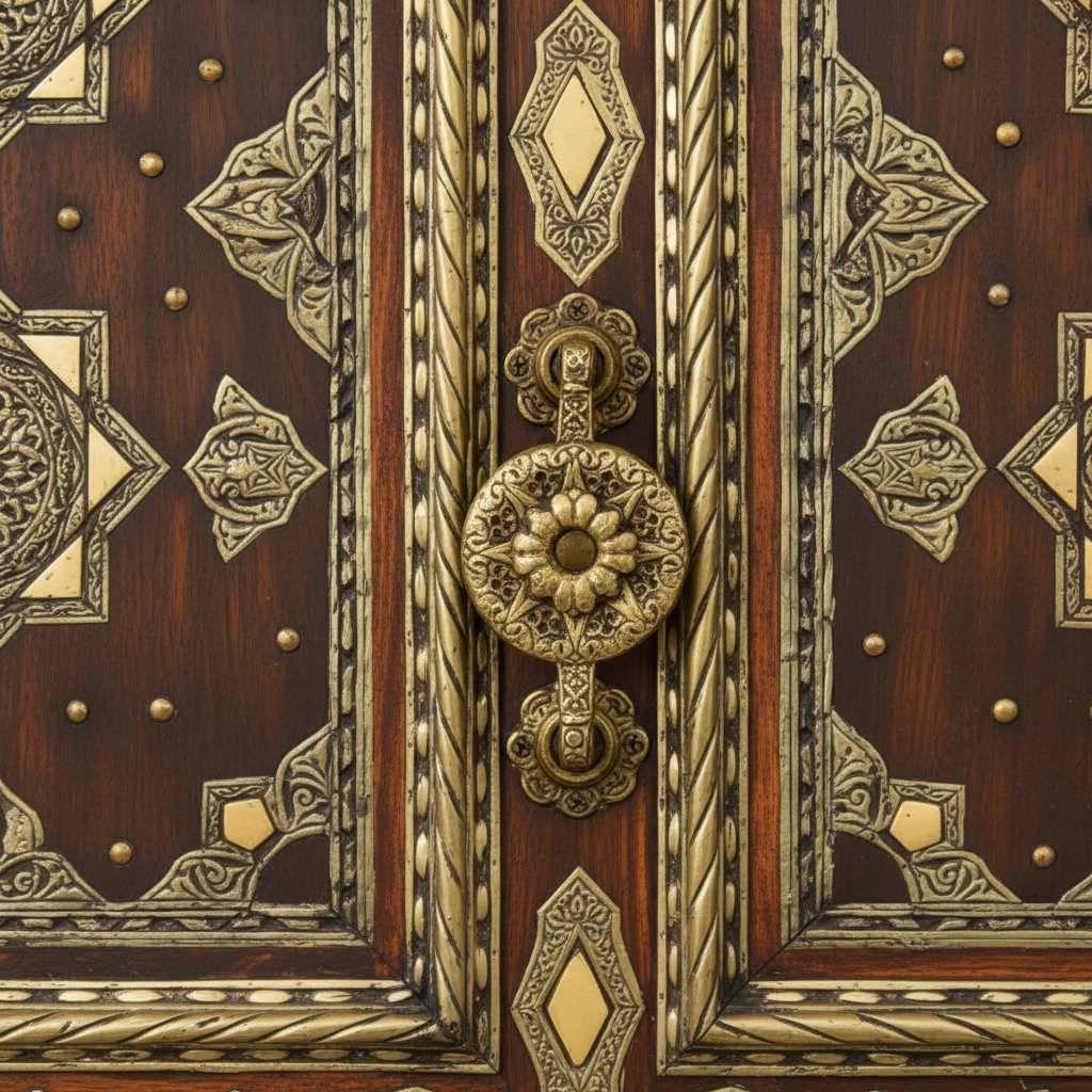 Close-up of ornate gold-tone hanging pull and center inlays on dark cedar door