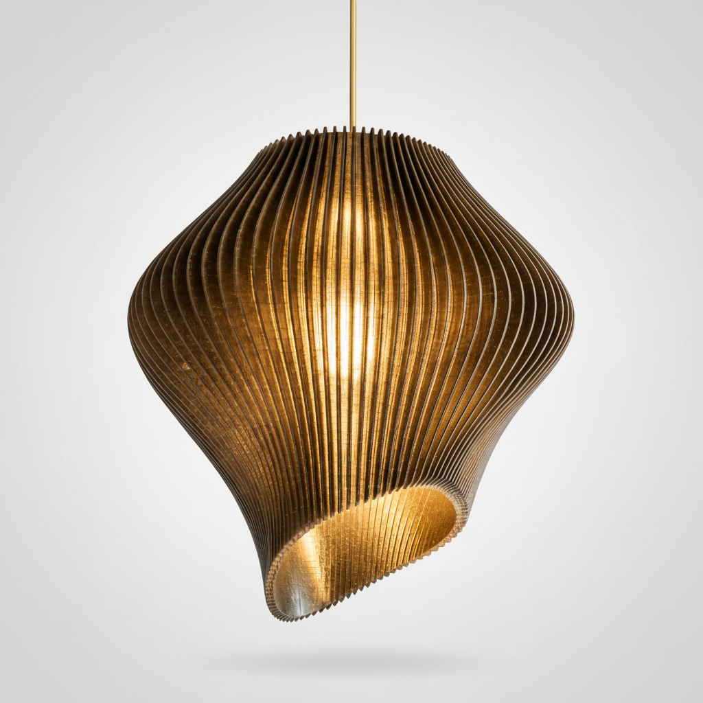 Three-quarter detail of the smoke black wave pendant light glowing warmly