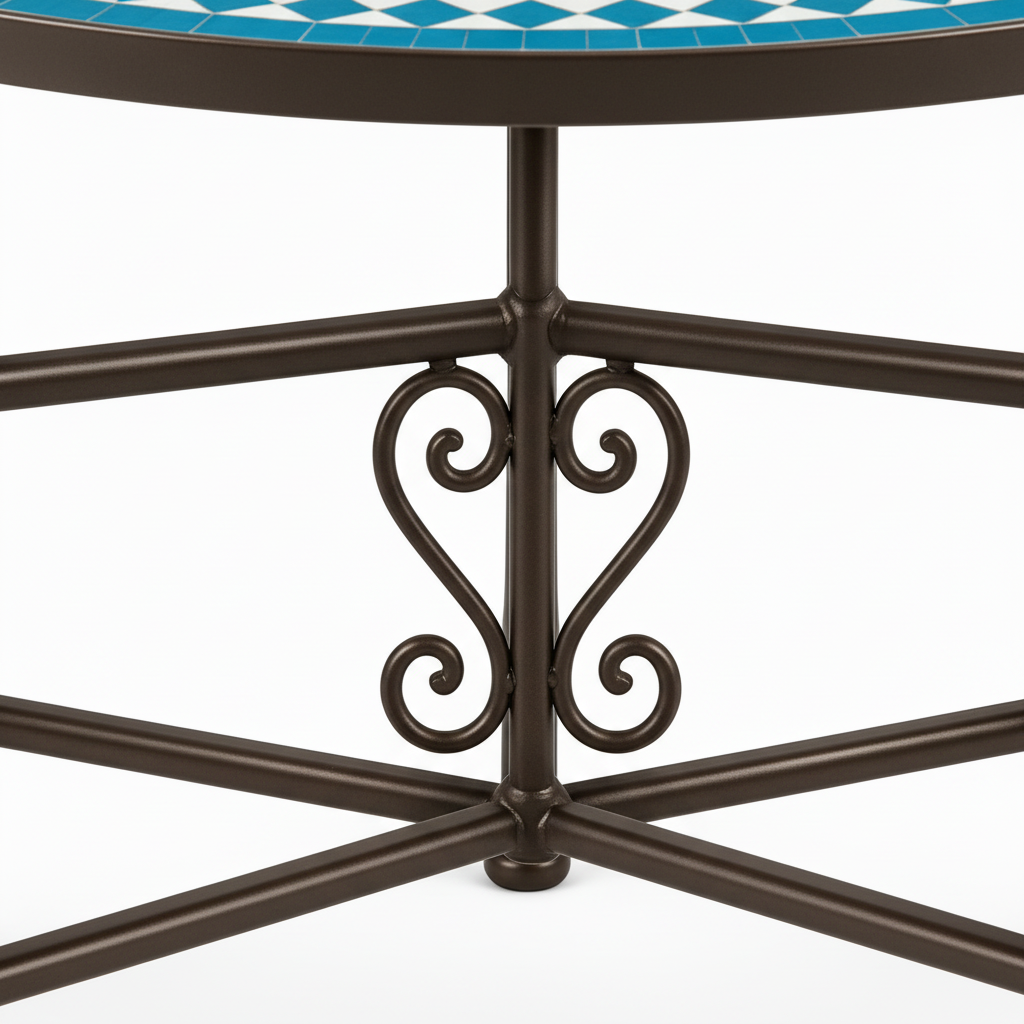 Dark bronze wrought iron table base with curved splaying legs X-cross stretcher brace and ornate scrolled crown crest medallion at center junction