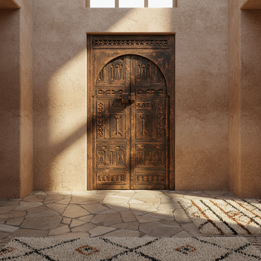 Carved aged-wood Moroccan double door installed in a rustic luxury mountain retreat
