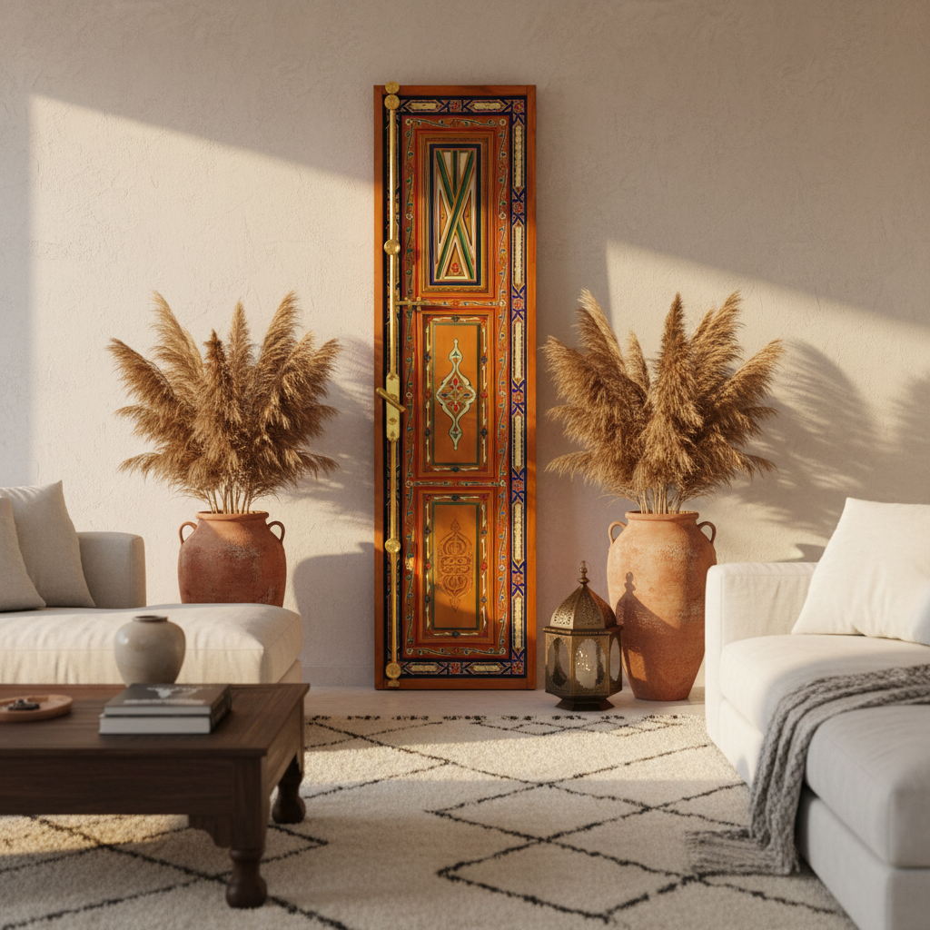 Moroccan orange riad window as statement decor in modern boho luxury living room