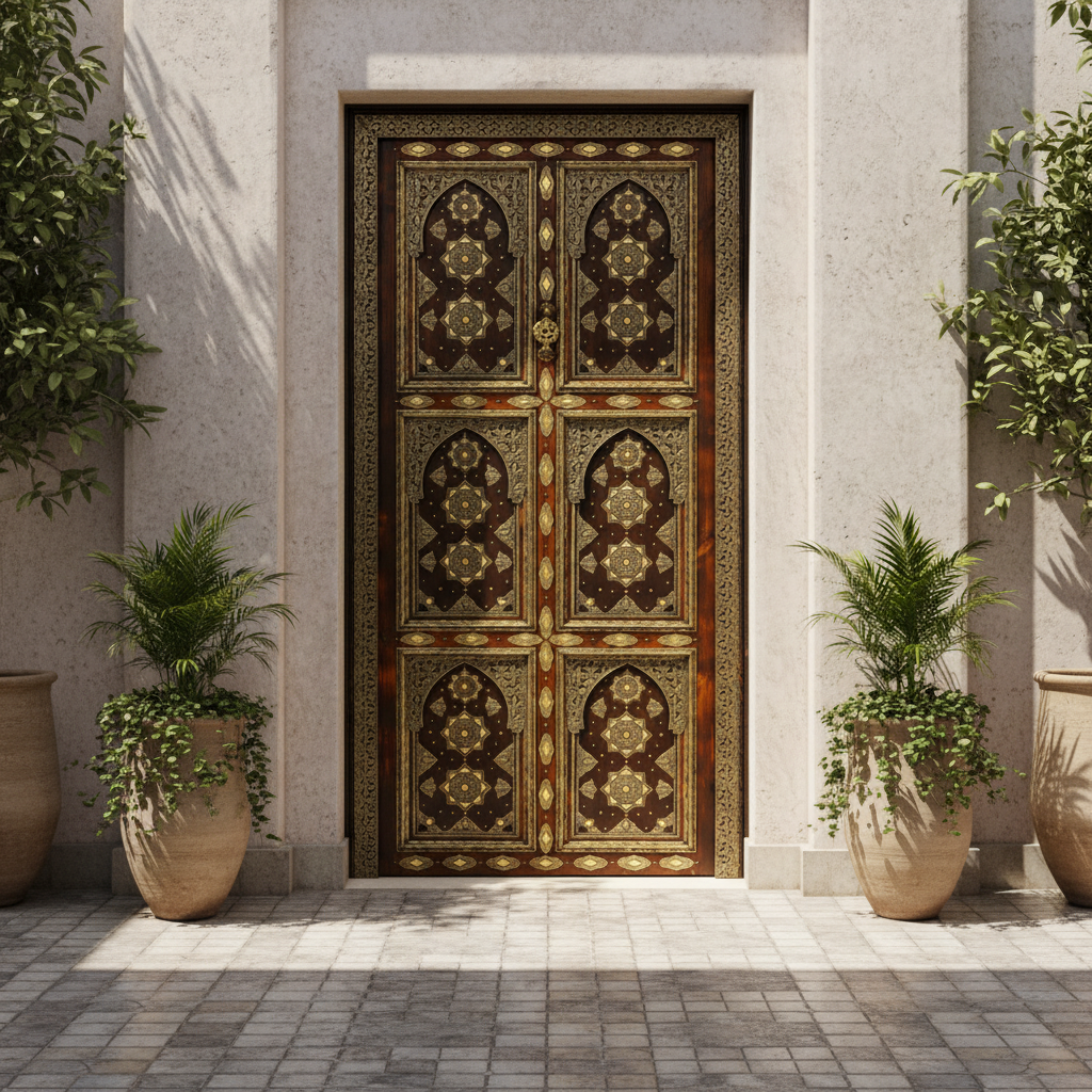 Ornate dark cedar Moroccan double door installed in a sophisticated riad courtyard