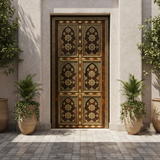 Ornate dark cedar Moroccan double door installed in a sophisticated riad courtyard