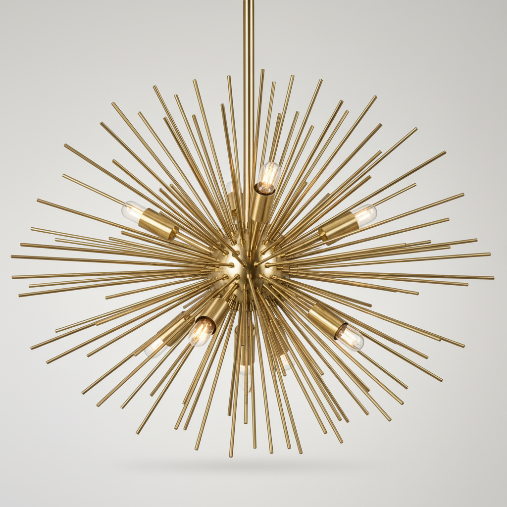 Angled close-up of polished brass rays, sockets, and clear bulbs