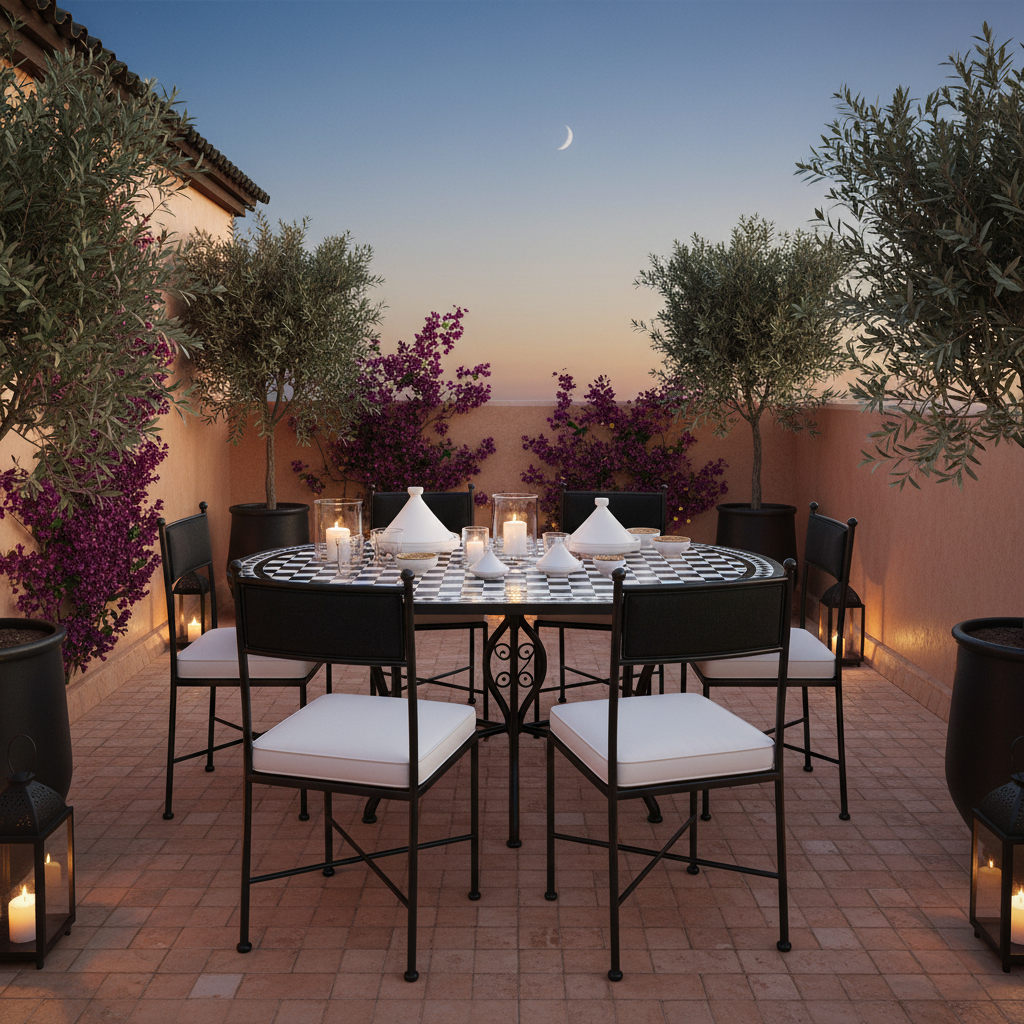 Black and white checkerboard zellige oval mosaic dining table on a covered Marrakech rooftop terrace at dusk with black iron lanterns bougainvillea olive trees and blue-hour sky