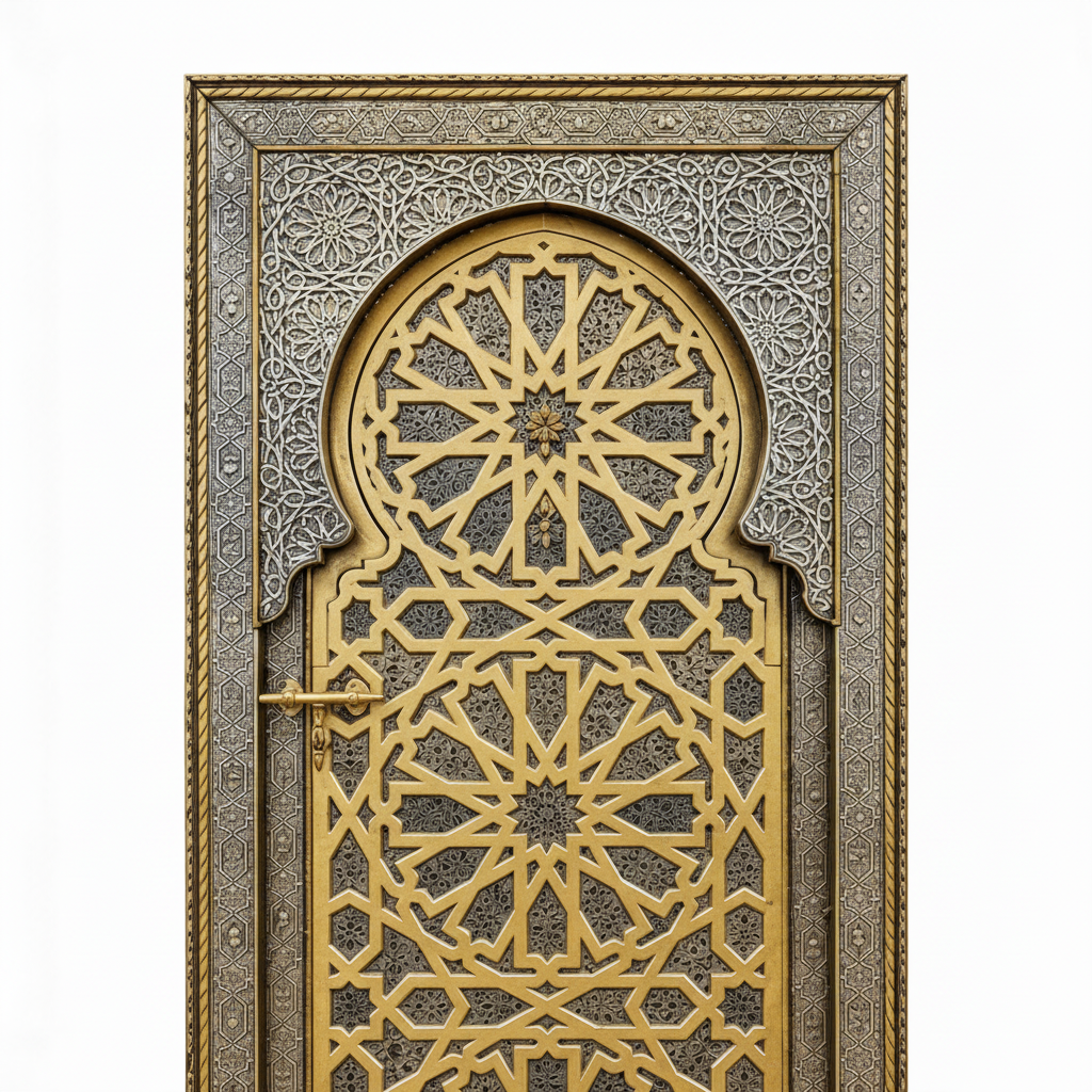 Close-up of brass geometric star medallion and engraved silver-tone metalwork
