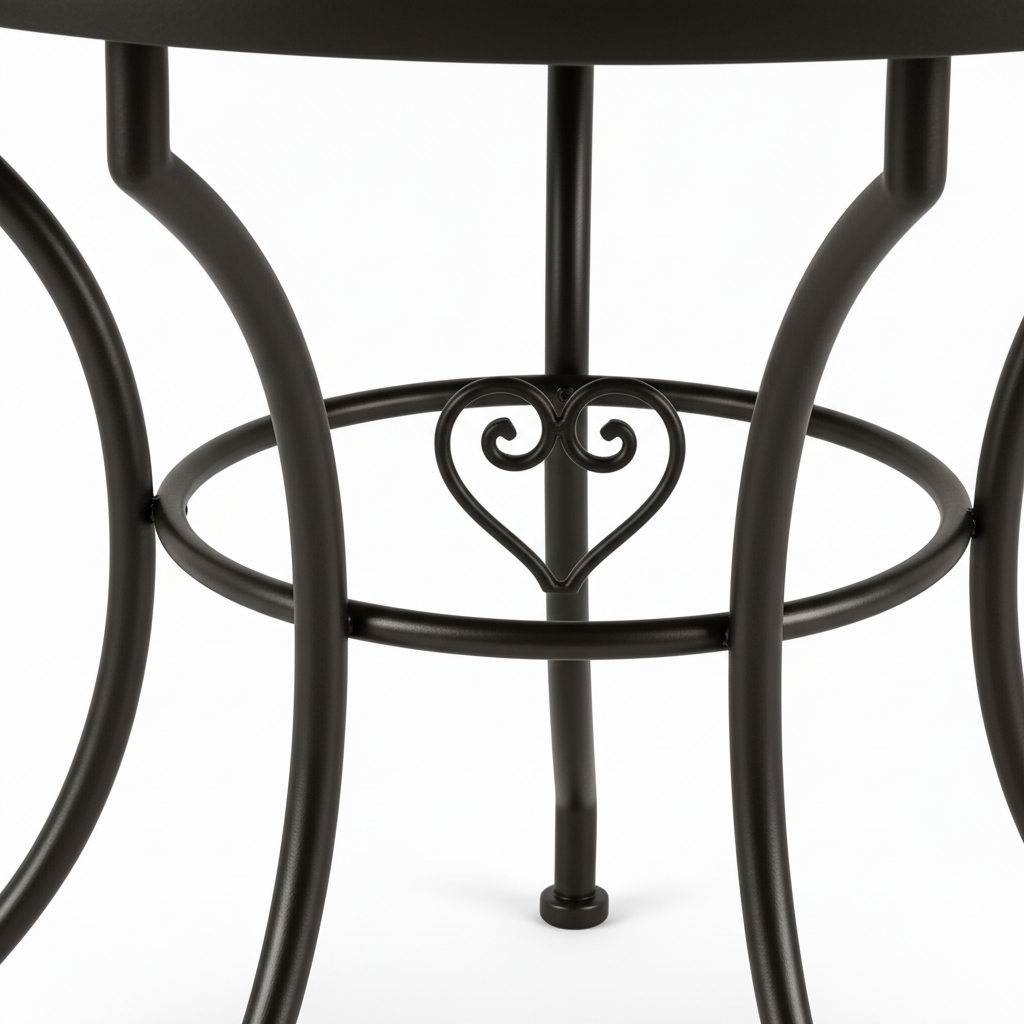 Hand-forged dark wrought iron table base with scrolled legs, circular ring brace and ornate scrollwork