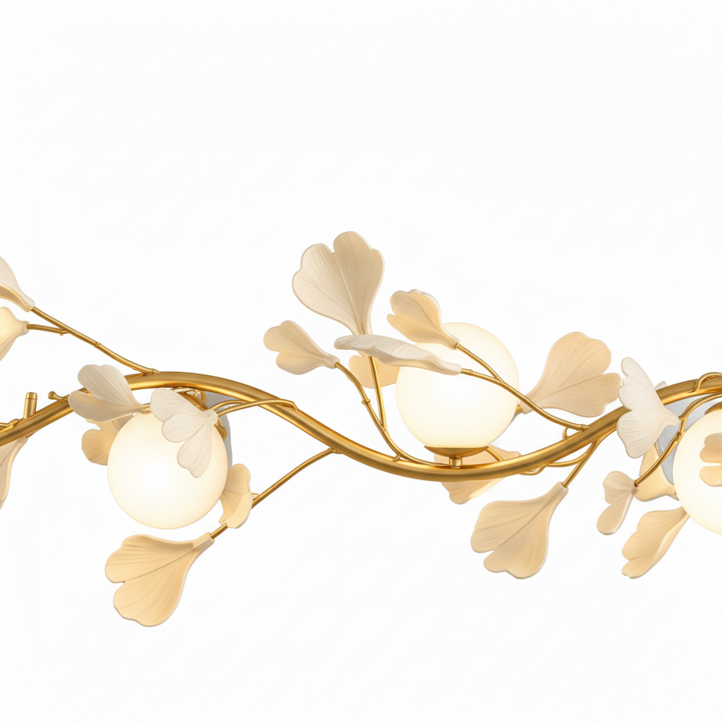 Close-up of the layered petal shades and gold-toned metalwork on the pendant light
